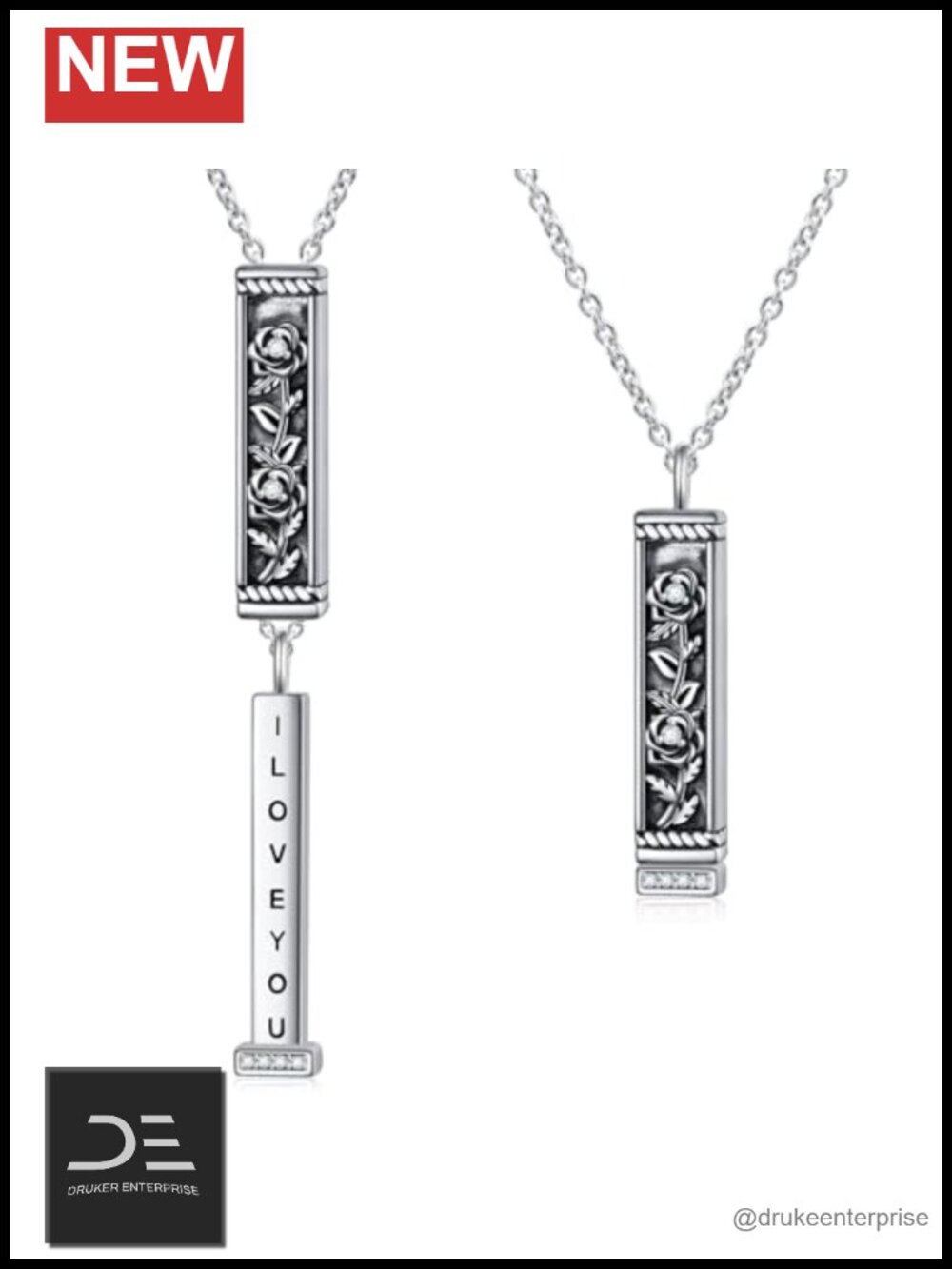 Sterling Silver Oxidized Rose Bar Necklace I Love You Hidden Message Cubic